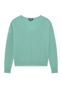Minti vihreä V-pääntie neulepaita, jossa pitkät hihat, ribbatut hihansuut ja helma, pehmeä texture ja keskikohdan sauma. Valmistettu kevyestä materiaalista.