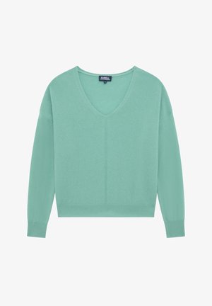 Mint green v-neck sweater with long sleeves, ribbed cuffs and hem, soft texture, and a central seam detail. Made from lightweight material.