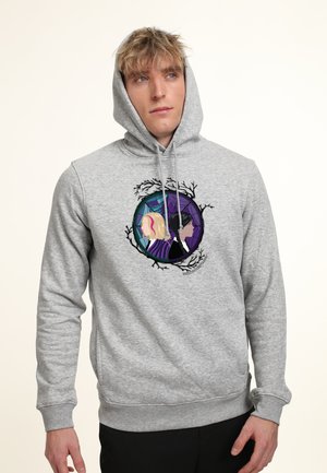 Gray hoodie featuring a graphic of two stylized figures framed by black branches, with a colorful background in shades of purple and teal.