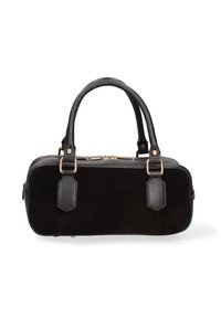 Borsa nera a forma rettangolare, realizzata in suede e pelle texturizzata. Finiture dorate e due manici superiori.