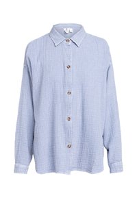 Light blue button-up shirt made of textured fabric, featuring a collared neckline, long sleeves, and wooden buttons down the front.