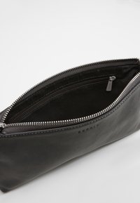 Pochette en cuir noir avec fermeture éclair ouverte révélant une poche intérieure zippée et une doublure en tissu, munie de dents de fermeture éclair et d'un curseur en argent.