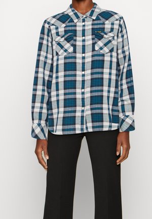 Henkilö, jolla on sinivalkomustaruudullinen napillinen paita, jossa on rintataskut, yhdistettynä mustiin housuihin, seisoo yksivärisen taustan edessä.