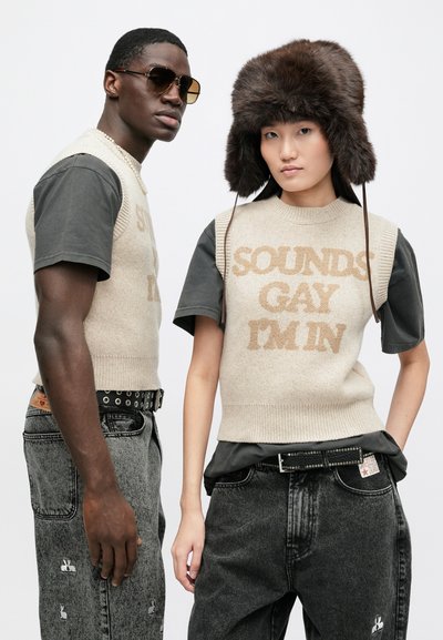 Μπεζ πλεκτό γιλέκο με το κείμενο «SOUNDS GAY I'M IN» σε καφέ γράμματα, συνδυασμένο με γκρι μπλουζάκια. Τα μοντέλα φορούν σκούρο τζιν με κεντημένο λαγό και γυαλιά ηλίου.
