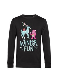 Zwarte lange mouw sweatshirt met een lichtblauwe rendier en een roze beer ontwerp, met de tekst "WINTER FUN" in een speelse lettertype.