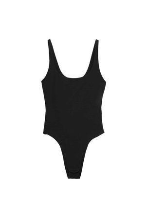 Sort badedragt med brede skulderstropper og en rund halsudskæring, designet til en tætsiddende silhuet.
