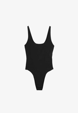 Sort badedragt med brede skulderstropper og en rund halsudskæring, designet til en tætsiddende silhuet.