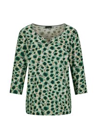 Tunic verde con maniche a tre quarti, caratterizzata da un motivo a stampa leopardata in diverse tonalità. Dettaglio a V con finiture a contrasto.