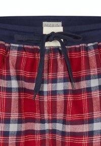 Rood, wit en blauw geruite pyjamabroek met een marineblauwe elastische tailleband en een strikkoord in het midden van de voorkant.