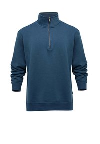 Herren Sweatshirt in Blau mit Reißverschluss aus weichem Material, verfügt über einen hohen Kragen, lange Ärmel und einen geraden Saum. Minimalistisches Design.