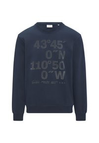 Granatowy sweatshirt wykonany z mieszanki bawełny, z dużymi szarymi współrzędnymi geograficznymi, a także dodatkowymi detalami z logo i grafiką gór.