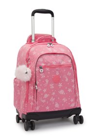 Zaino con ruote rosa con motivo floreale, esterno in tessuto, manico regolabile e pom-pom in pelliccia accessoriato alla cerniera. Base in plastica nera.