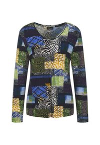 Langarmhemd im lebhaften Patchwork-Muster mit Tierdrucken und geometrischen Designs in Blau-, Grün-, Gelb- und Schwarztönen.