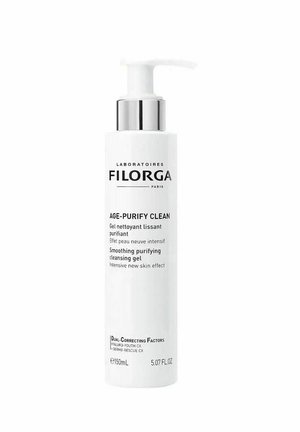 White Filorga Age-Purify Clean smoothing purifying cleansing gel bottle with pump dispenser, 150ml, dual-correcting skincare product.