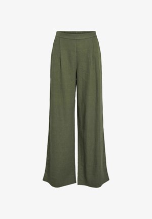 Vide bens egentlige grønn linbukser med elastisk midjebånd og frontfolder, vist på hvit bakgrunn.