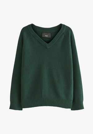 Grüner V-Ausschnitt-Pullover aus weichem Strickstoff. Verfügt über lange Ärmel und gerippte Saumakzente. Das Etikett trägt die Aufschrift "next". Einfaches und klassisches Design.