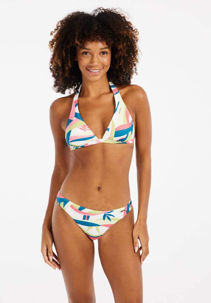 Bikini set s trojuholníkovým vrchným dielom a nízkou spodnou časťou. Má farebný vzor v ružovej, modrej a zelenej na svetlom pozadí.