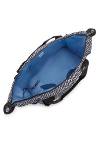 Borsa a motivi bianco e nero con fodera interna blu. Presenta doppi manici, chiusura con zip e tasche interne per l'organizzazione.