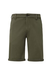 Olijfgroene shorts met een gladde textuur, voorzien van een knoopsluiting, riemlussen en omgerolde manchetten. Klassiek ontwerp met vijf zakken.