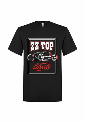 Zwarte katoenen t-shirt met een witte en rode grafische afbeelding. De tekst "ZZ TOP" staat boven een illustratie van een vintage auto met daaronder "Thrill".