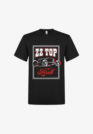 Schwarzes Baumwoll-T-Shirt mit einem weißen und roten Grafikdesign. Der Text "ZZ TOP" befindet sich über einer Illustration eines Oldtimers mit "Thrill" darunter.