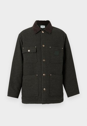 Geacă tip duck cu model houndstooth închis, cu guler din blană sintetică, închidere cu butoane tip snap și două buzunare frontale cu accesorii argintii.