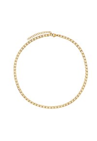 Gouden ketting met schakels die in elkaar grijpen, verstelbare sluiting, gladde textuur en een degelijk ontwerp, geschikt voor verschillende stijlen.