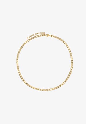 Goldkette mit ineinandergreifenden Gliedern, verstellbarem Verschluss, glatter Textur und solidem Design, geeignet für verschiedene Stilrichtungen.