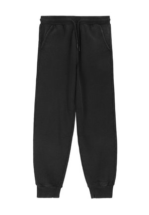 Czarne spodnie dresowe z fleecu z elastycznym pasem, sznurkiem do regulacji, bocznymi kieszeniami oraz ściągaczami przy kostkach na białym tle.