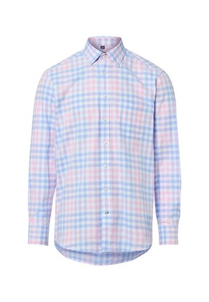 Langärmliges Hemd mit Knöpfen, blau-pink kariertem Muster, spitzem Kragen, Brusttasche und abgerundetem Saum.