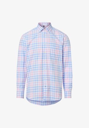 Langärmliges Hemd mit Knöpfen, blau-pink kariertem Muster, spitzem Kragen, Brusttasche und abgerundetem Saum.