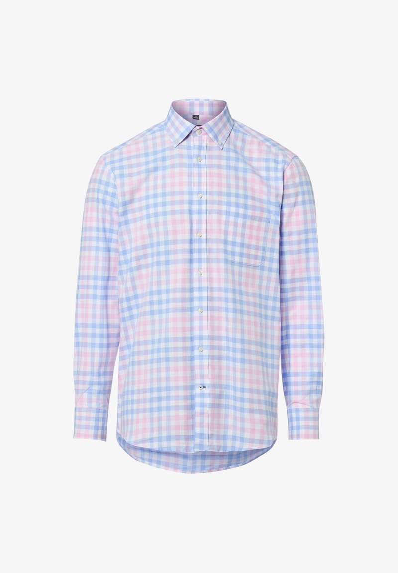 Koszula na długi rękaw z niebiesko-różowym wzorem w kratę, z zaostrzonym kołnierzykiem, kieszenią na piersi i zaokrąglonym dołem.
