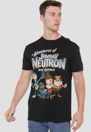 Black cotton t-shirt featuring a colorful cartoon print of characters from "The Adventures of Jimmy Neutron" on the front. Short sleeves.
