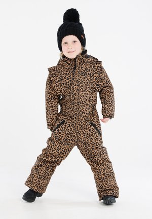 Leopardprint sneeuwpak in bruin en zwart, met een ritssluiting aan de voorkant, een gerimpelde kraag en elastische manchetten, gecombineerd met een zwarte gebreide muts.