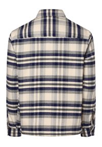 Kostkovaná flanelová košile, béžový základ s námořnickými a šedými kostkami, knoflíkové manžety, límec a rovný lem. Měkká textura a uvolněný střih.