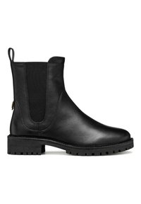 Botín negro de cuero hasta el tobillo con paneles laterales elásticos, punta redondeada, suela texturizada y tirador en la parte posterior. Acabado suave y diseño sencillo.