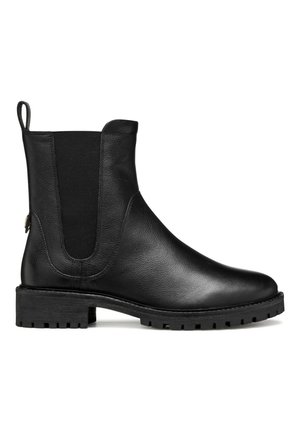 Black leather ankle boot with elastic side panels, rounded toe, textured outsole, and pull tab at the back. Smooth finish and simple design.