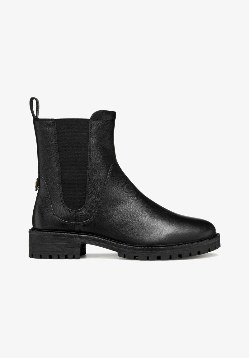 Botín negro de cuero hasta el tobillo con paneles laterales elásticos, punta redondeada, suela texturizada y tirador en la parte posterior. Acabado suave y diseño sencillo.