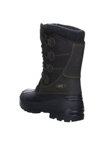 Dunkelbrauner wasserdichter Stiefel mit einer Gummisohle, gepolstertem Kragen und sechs Metallösen. Verfügt über ein robustes Design und graue Fleece-Fütterung.