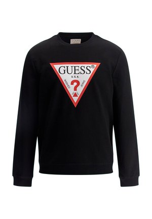 Mustarmustaga pikkade varrukatega must särk, millel on punane kolmnurkne logo, mille keskel on tekst "GUESS", "U.S.A" ja küsimärgi sümbol.