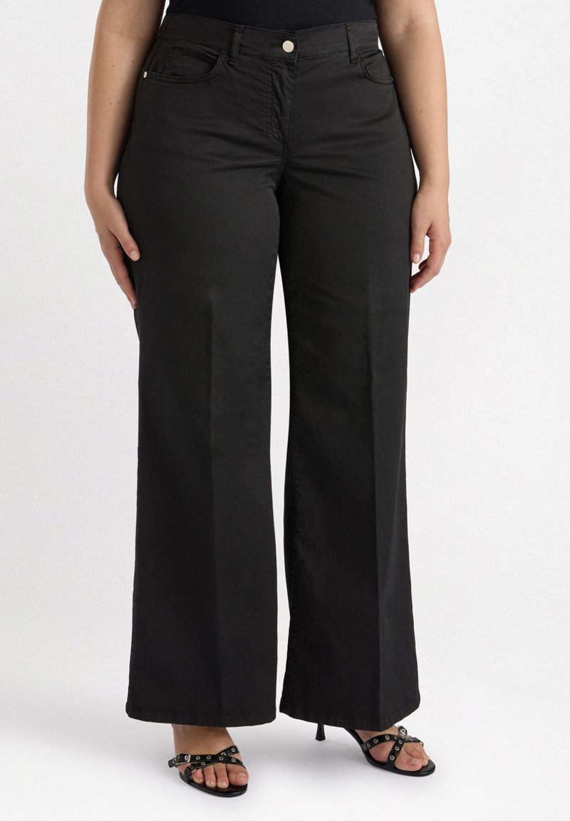 Black wide-leg pants made of lightweight fabric, featuring a front button closure, two side pockets, and a smooth texture.