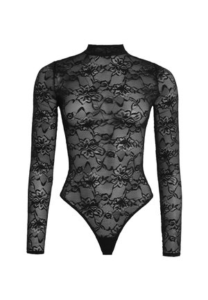 Sort blonde-bodystocking med lange ærmer, der har blomsterdekorationer, høj hals og et trusseudsnit i bunden, der fremhæver en detaljeret tekstur.
