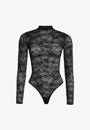 Musta pitsinen bodysuit, jossa pitkät hihat, kukkakuvioita, korkea kaulus ja pohjassa thong-leikkaus, joka osoittaa monimutkaista tekstuuria.
