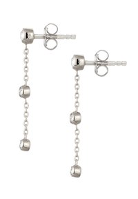Sølv dråbeøreringe med tre små, runde perler med klare ædelstene, hængende fra en delikat kæde. Lukkes med post-back.