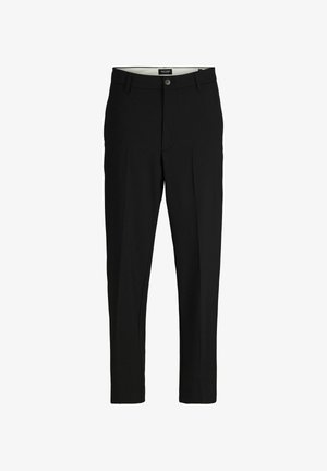 Schwarze Hosen aus glattem Stoff, mit maßgeschneidertem Design, geraden Beinen, zwei Fronttaschen und einem Knopfverschluss.
