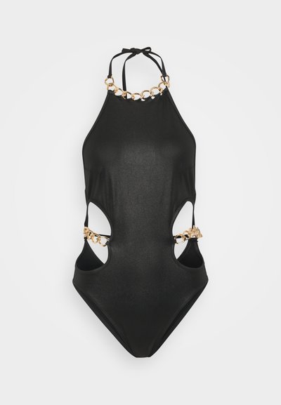 Juodas vientisas maudymosi kostiumėlis su halter tipo kaklo juosta, su išpjovomis šonuose ir auksinėmis grandinėlėmis aplink kaklo liniją. Gličiai tekstūra.