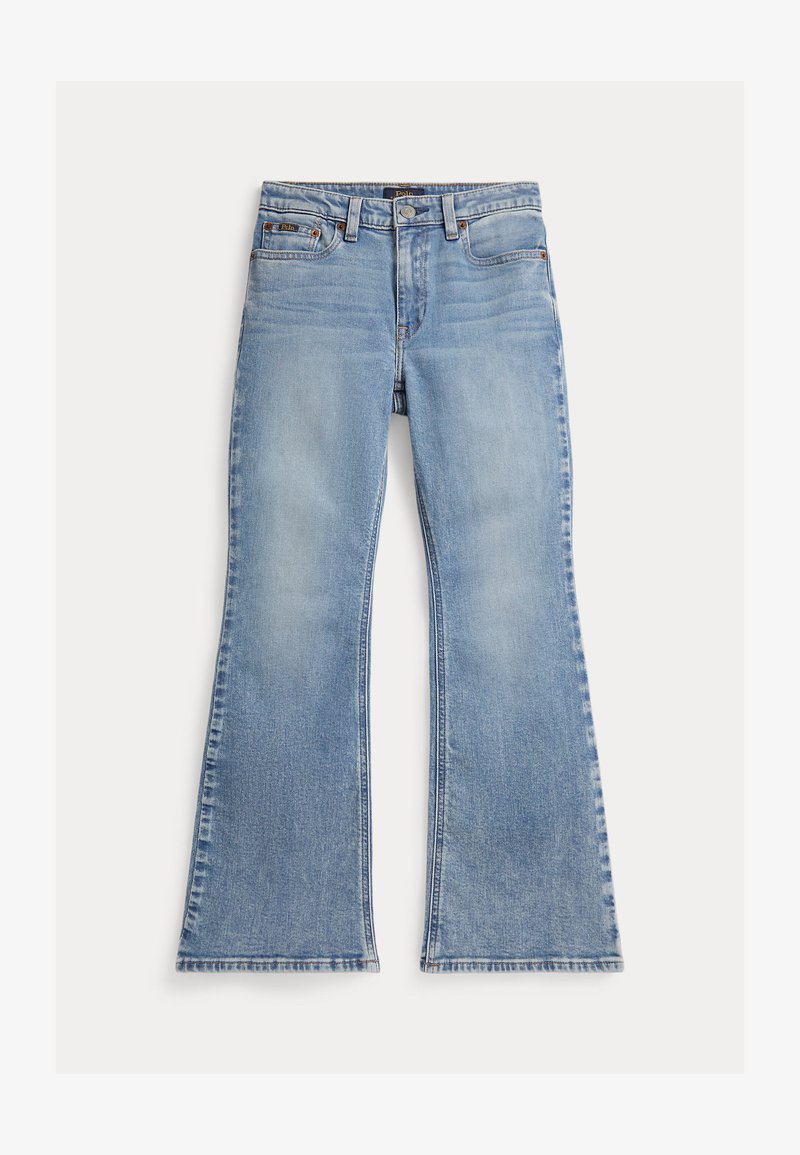 Blugi evazați de culoare albastru deschis, realizați din denim; au un design clasic cu cinci buzunare, cusături vizibile și talie medie.