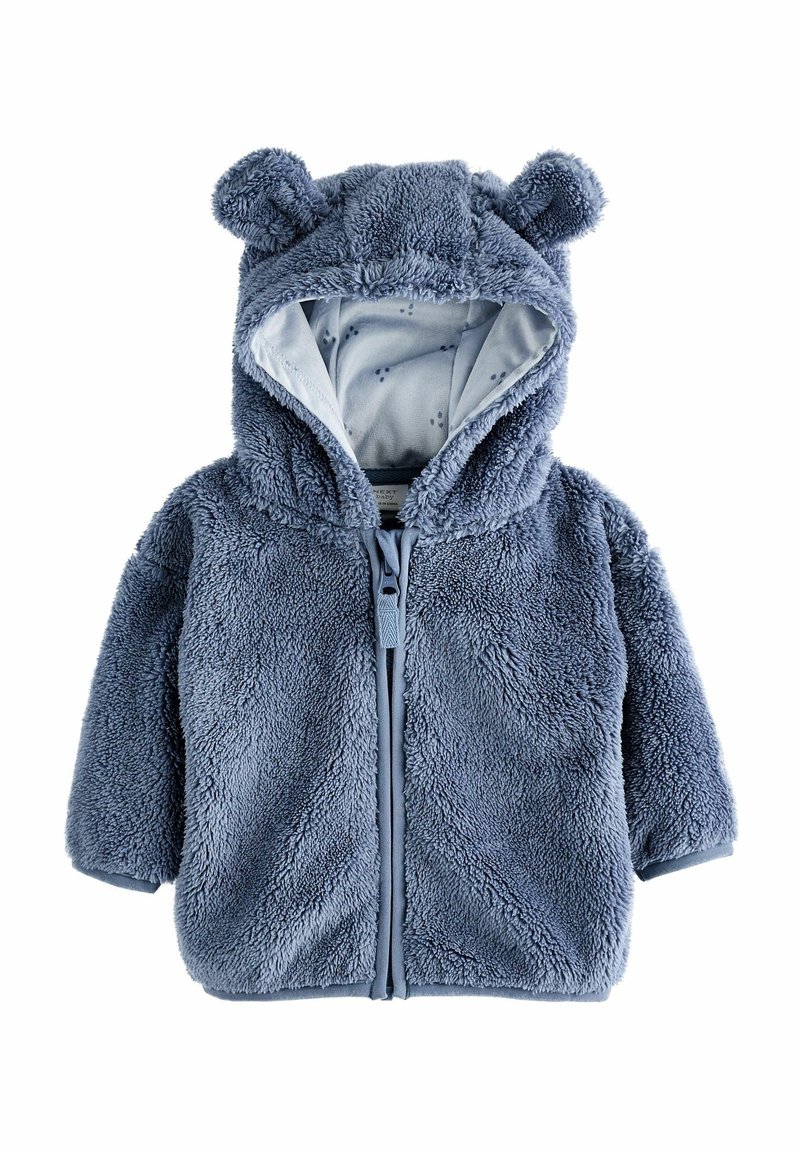 Veste bébé douce et duveteuse bleue avec une capuche munie d'oreilles d'ours et une fermeture éclair à l'avant.