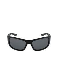 Occhiali da sole neri con un design elegante e angolare. Montatura nera testurizzata e lenti oscurate offrono un aspetto sportivo. Costruzione in plastica leggera.