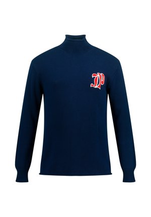 Navy blue knit turtleneck sweater with long sleeves, featuring a red and white embroidered logo on the left chest.
